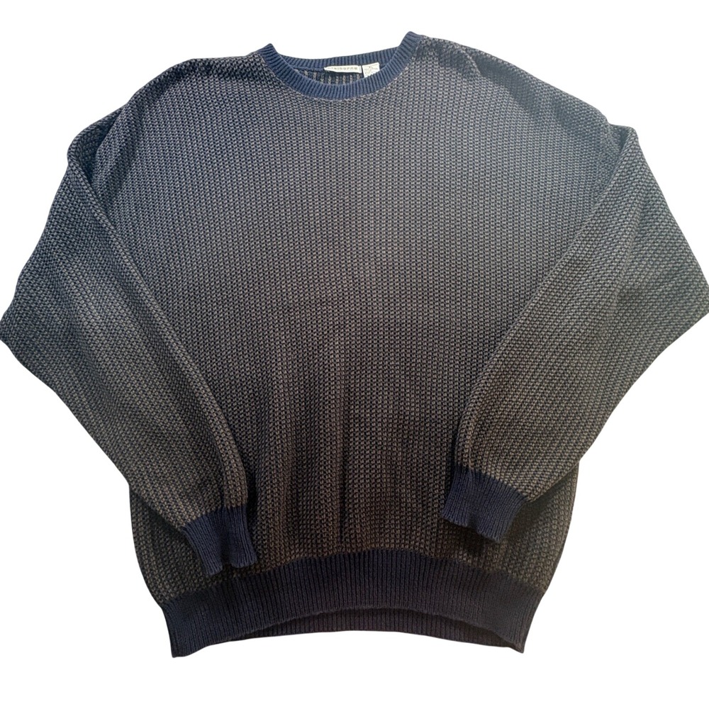 Claiborne Waffle Knit Sweater Mens XL Navy Brown Cotton Crewneck Made in USA